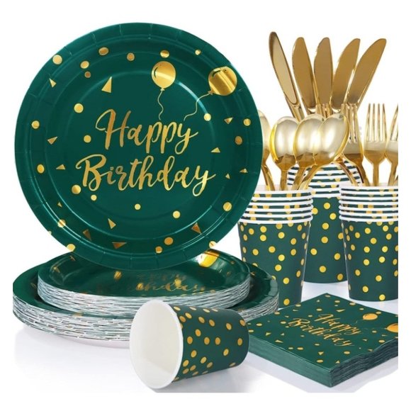 175PCS Emerald Green Decor Serves 25 Green and Gold Birthday Party Plates Cups N - Picture 1 of 7